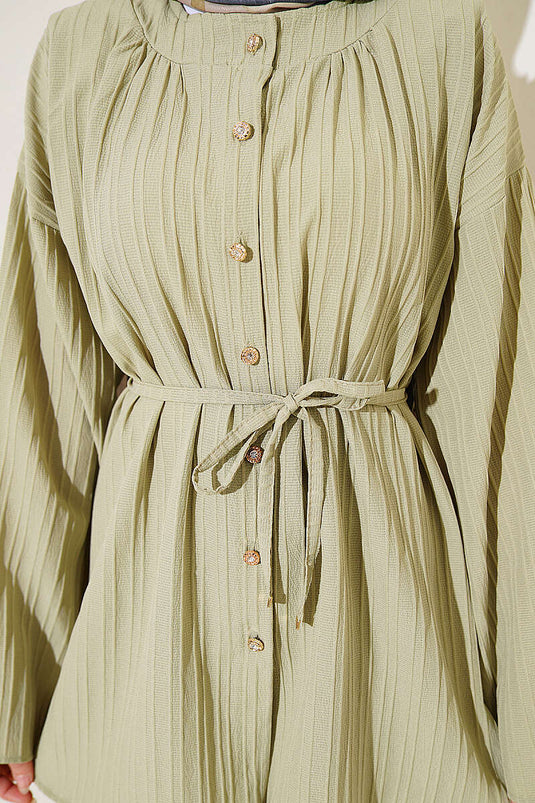 Chemise à rayures en relief avec boutons en pierre, vert avocat