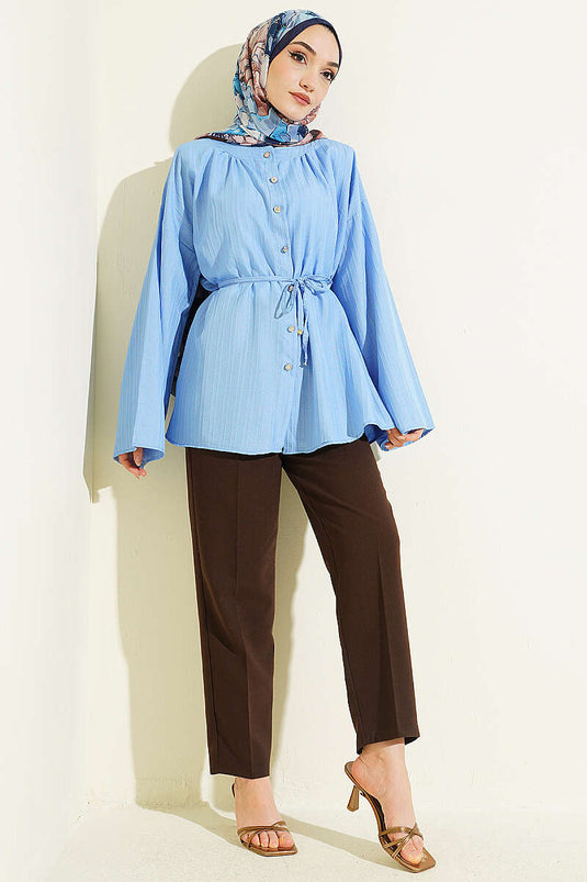 Blue Shirt with Stone Buttons and Striped Embossing