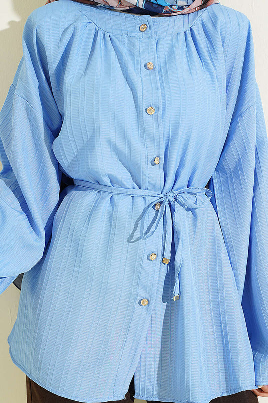 Blue Shirt with Stone Buttons and Striped Embossing