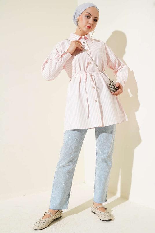 Taş Düğmeli Çizgili İp Kuşaklı Gömlek Pembe