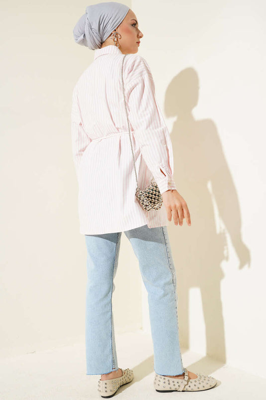 Taş Düğmeli Çizgili İp Kuşaklı Gömlek Pembe