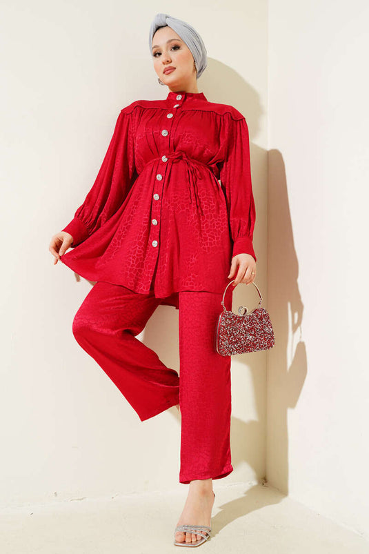 Stone Buttoned Patterned Jacquard Two Piece Suit Red