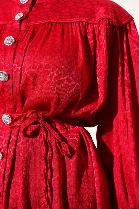 Stone Buttoned Patterned Jacquard Two Piece Suit Red