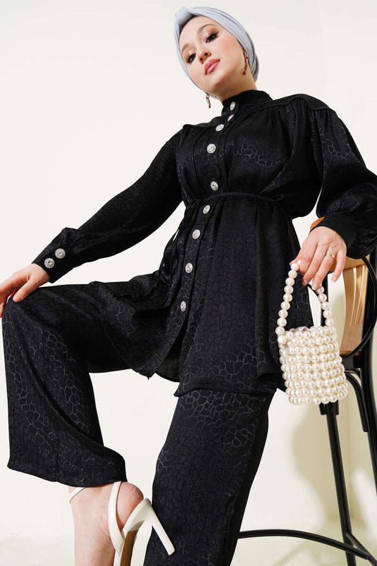 Stone Buttoned Patterned Jacquard Two Piece Suit Black