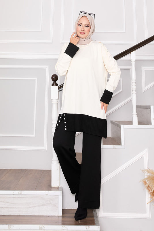 Ensemble tricot bicolore avec boutons en pierre, couleur crème