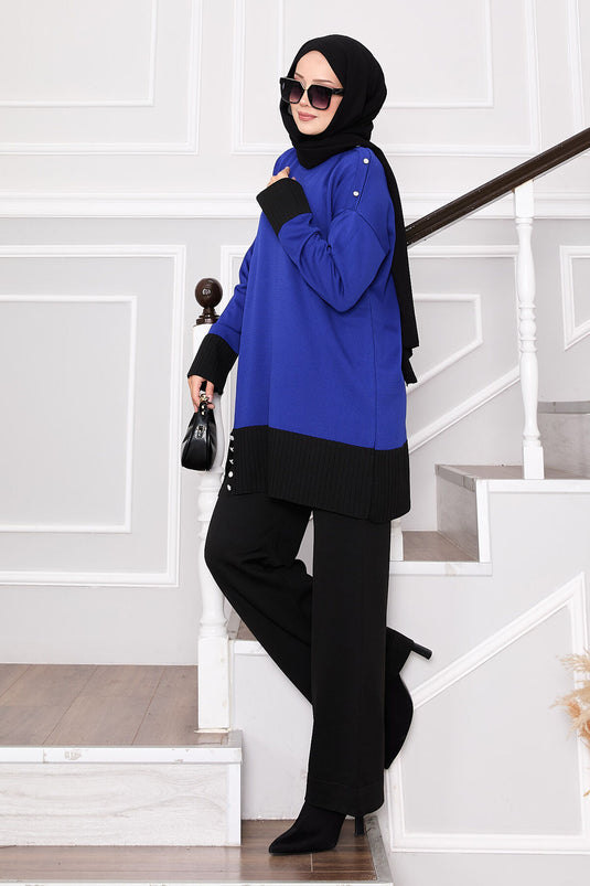 طقم تريكو ثنائي اللون بأزرار حجرية من ساكس