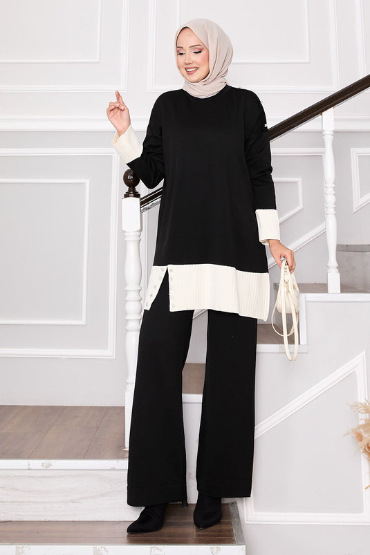 Two-Tone Knitwear Suit with Stone Buttons, Black