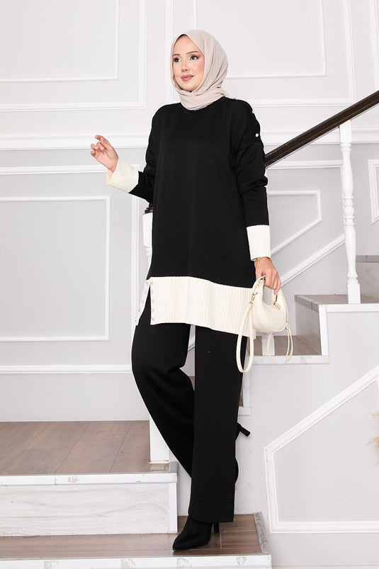 Costume en tricot bicolore avec boutons en pierre, noir
