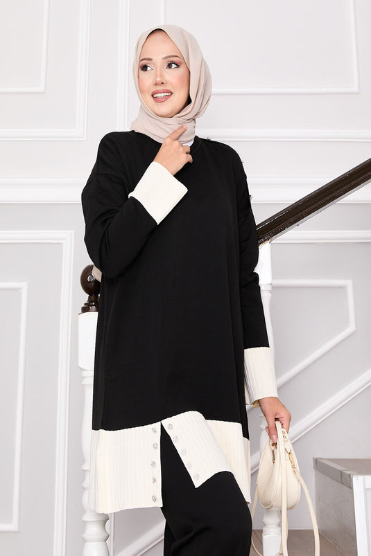 Costume en tricot bicolore avec boutons en pierre, noir