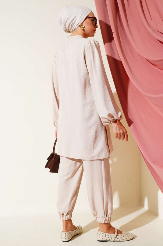 Taş Düğmeli İkili Takım Bej