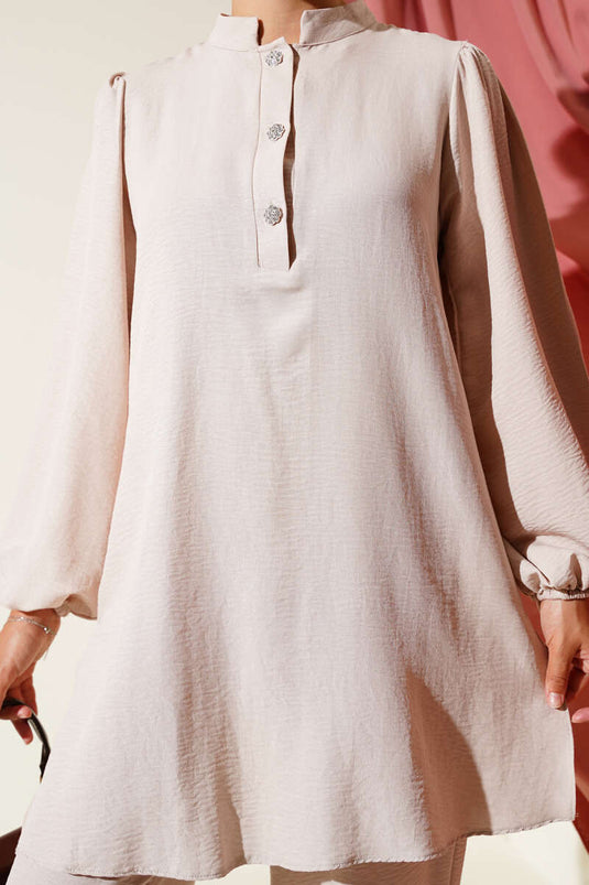 Taş Düğmeli İkili Takım Bej