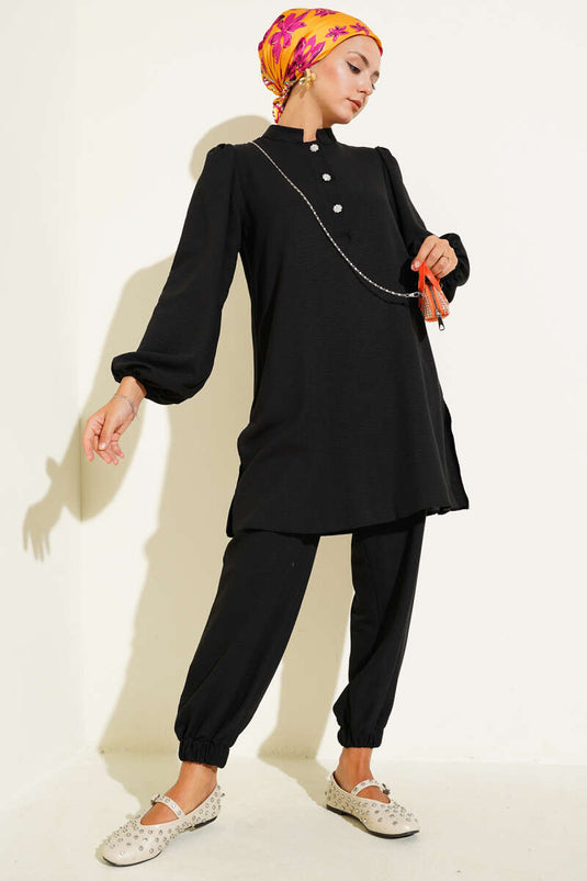 Taş Düğmeli İkili Takım Siyah