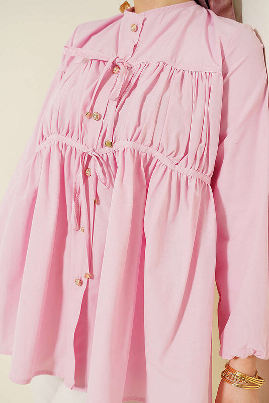 Pink Shirt with Stone Buttons and Drawstring Tie