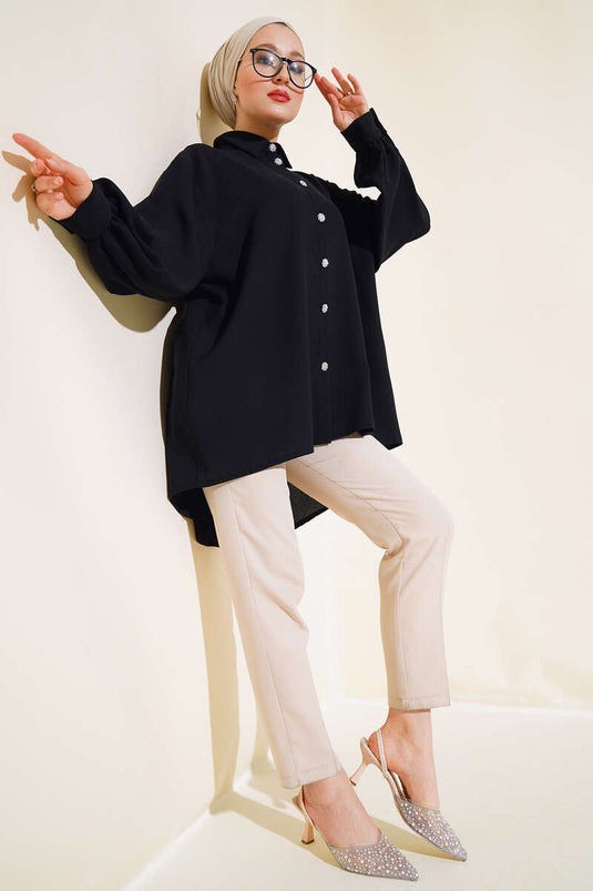 Stone Button Crepe Shirt Sort