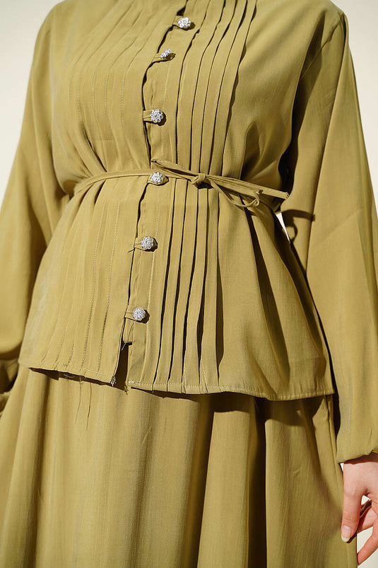 Ensemble Modest Fashion Avec Jupe En Modal Nervurée Et Boutons Ornés De Pierres Vert