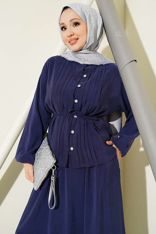 Ensemble jupe en modal côtelé avec boutons en pierre, bleu marine