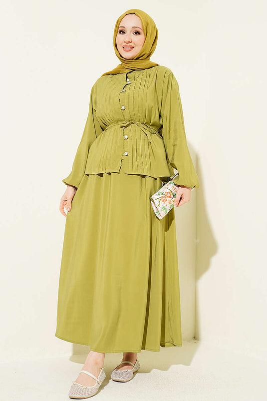 Ensemble jupe en modal nervuré avec boutons en pierre, vert olive