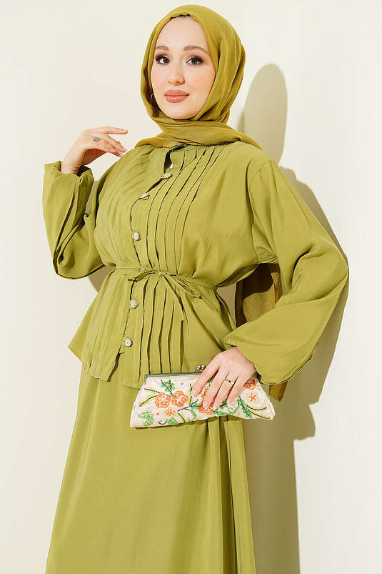 Ensemble jupe en modal nervuré avec boutons en pierre, vert olive