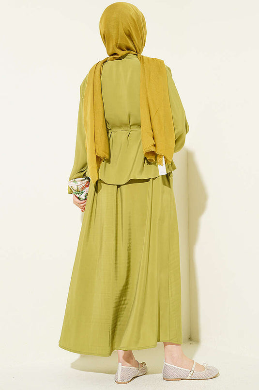 Ensemble jupe en modal nervuré avec boutons en pierre, vert olive