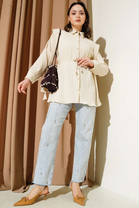 Stone Button Shoulder Pleated Shirt Beige