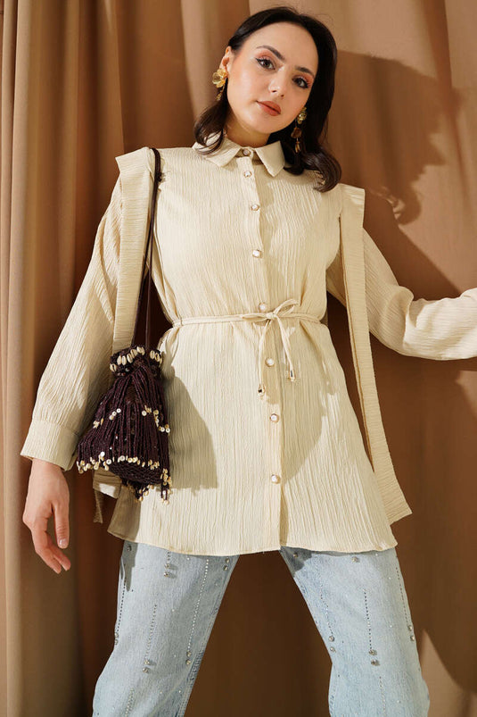Stone Button Shoulder Pleated Shirt Beige