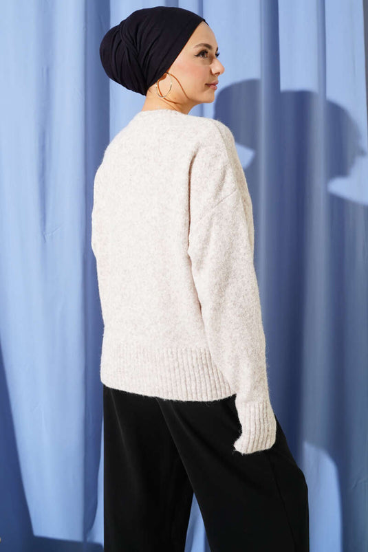 Soft Knitwear Short Cardigan with Stone Buttons, Beige