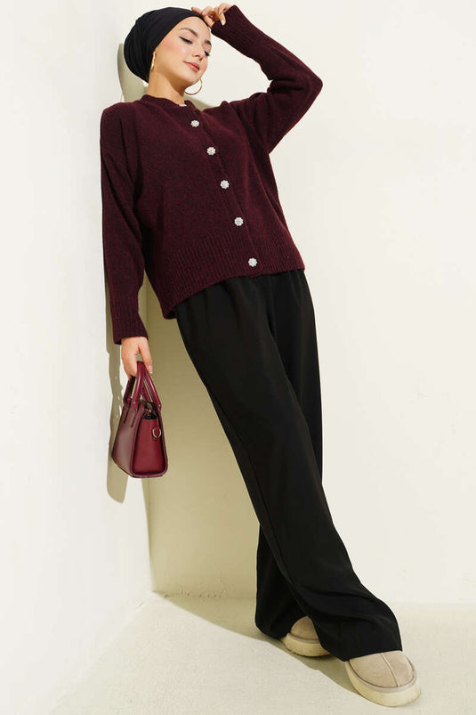 Stone Buttoned Soft Knitwear Short Cardigan Burgundy