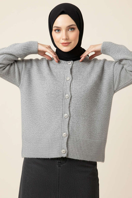 Gilet court en maille douce avec boutons en pierre gris