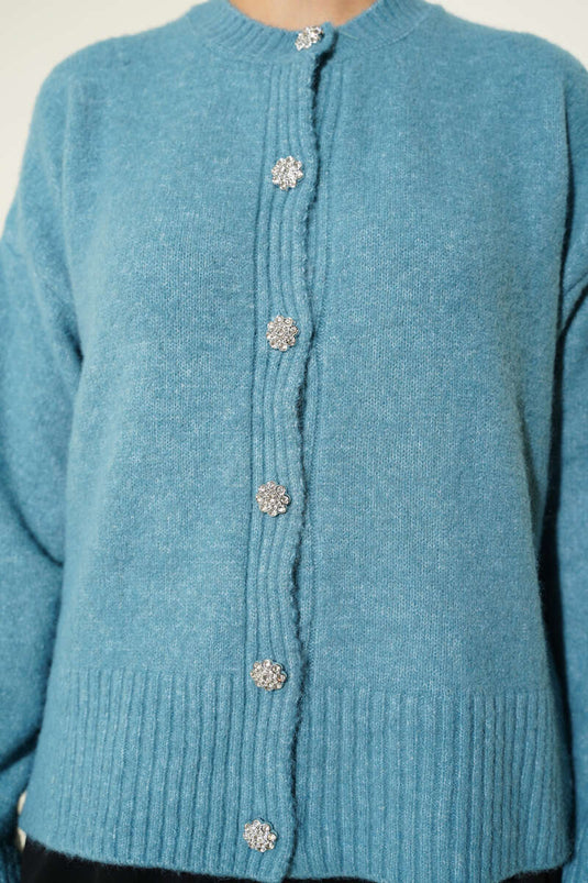 Cardigan corto in morbida maglia con bottoni in pietra, menta