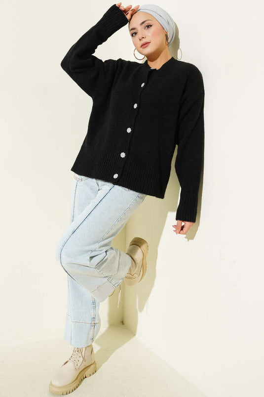 Soft Knitwear Short Cardigan with Stone Buttons, Black