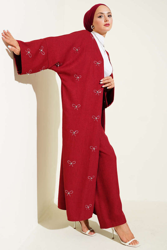 Stone Bow Kimono Two-Piece Set Burgundy