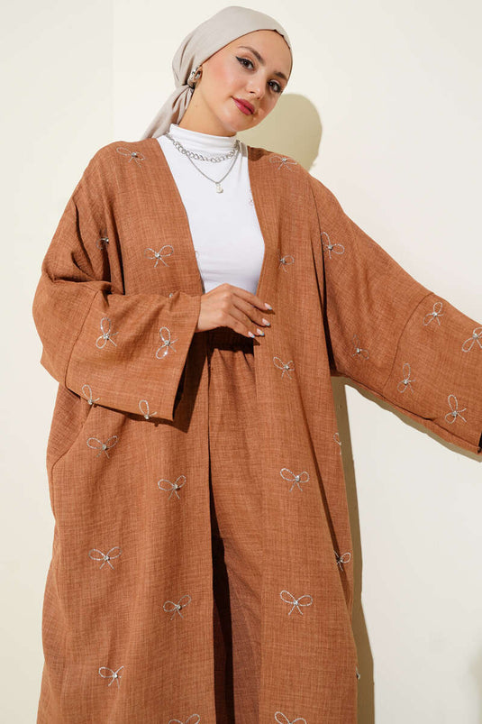 Stone Bow Kimono Two-Piece Set Tan