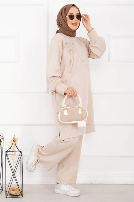 Ensemble Deux Pièces Voile avec Détail Fleur en Pierre Beige