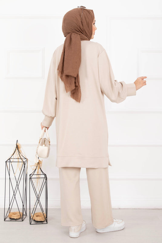 Ensemble Deux Pièces Voile avec Détail Fleur en Pierre Beige