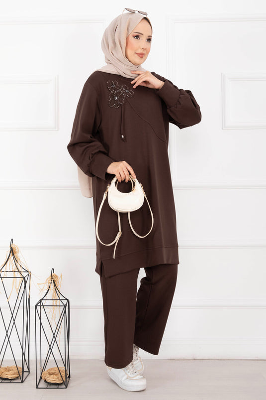 Taş İşleme Çiçek Detaylı Tesettür İkili Takım Kahve