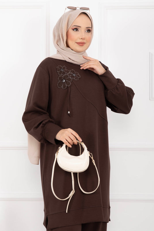 Taş İşleme Çiçek Detaylı Tesettür İkili Takım Kahve