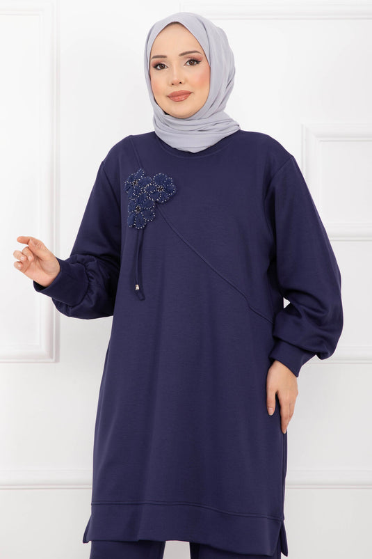 Taş İşleme Çiçek Detaylı Tesettür İkili Takım Lacivert