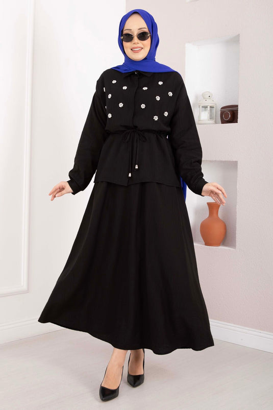 Ensemble jupe à taille froncée avec broderie en pierre, noir