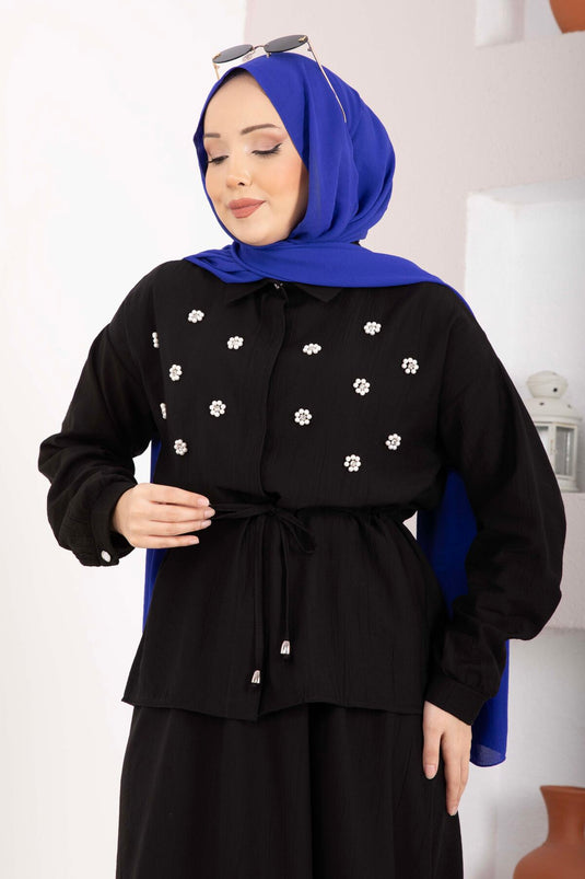 Ensemble jupe à taille froncée avec broderie en pierre, noir