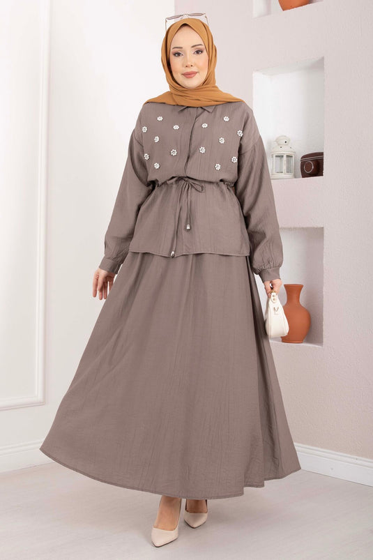 Stone-Embroidered Waist Tunnel Skirt Set Mink