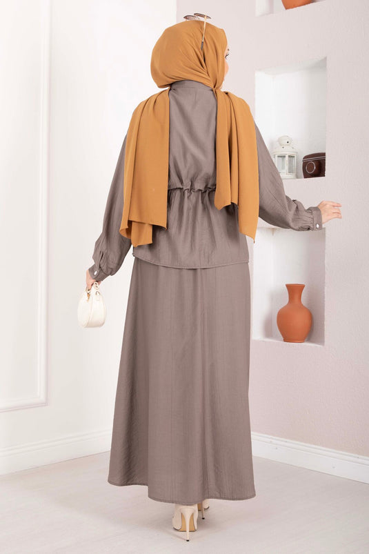 Stone-Embroidered Waist Tunnel Skirt Set Mink