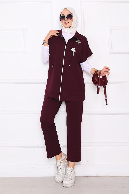 Ensemble gilet zippé brodé de pierres bordeaux