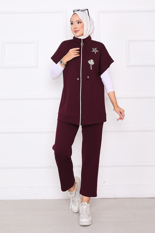 Ensemble gilet zippé brodé de pierres bordeaux