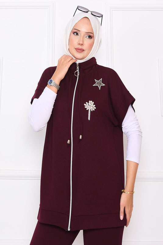 Ensemble gilet zippé brodé de pierres bordeaux