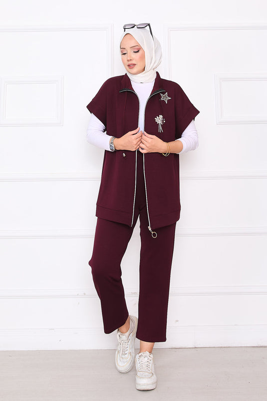 Ensemble gilet zippé brodé de pierres bordeaux