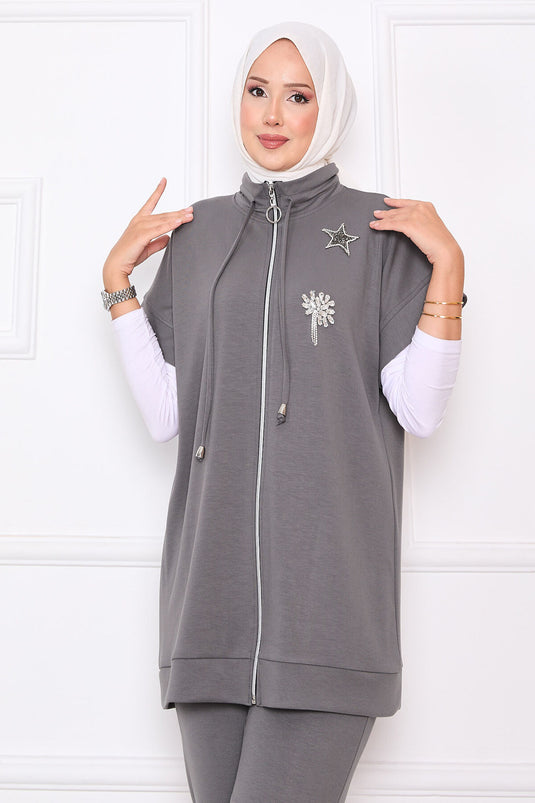 Ensemble gilet zippé brodé de pierres gris