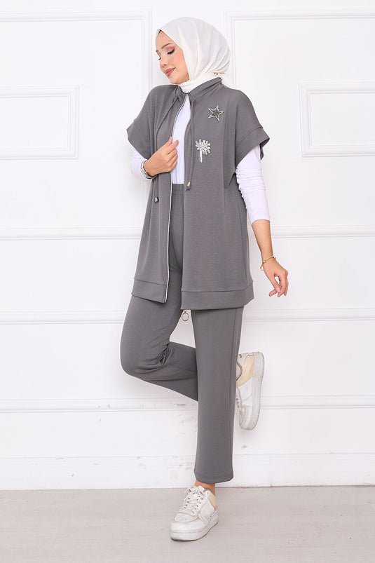 Ensemble gilet zippé brodé de pierres gris