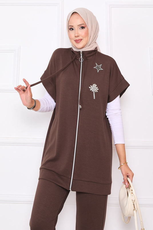 Ensemble gilet zippé brodé de pierres marron