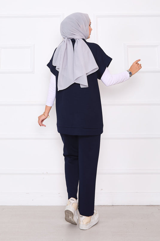 Ensemble gilet zippé brodé de pierres bleu marine