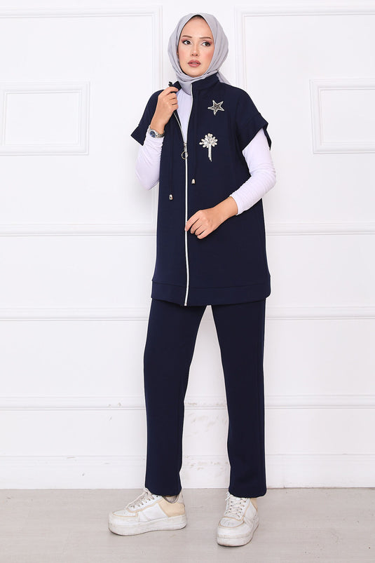 Ensemble gilet zippé brodé de pierres bleu marine